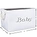 Storage Basket for Nursery, Baby girl or boy, White Canvas fabric Storage Bin with Gray Embroidering. Perfect as Nursery Organizer and Storage, Decorative storage box. Great Baby Shower Basket idea.