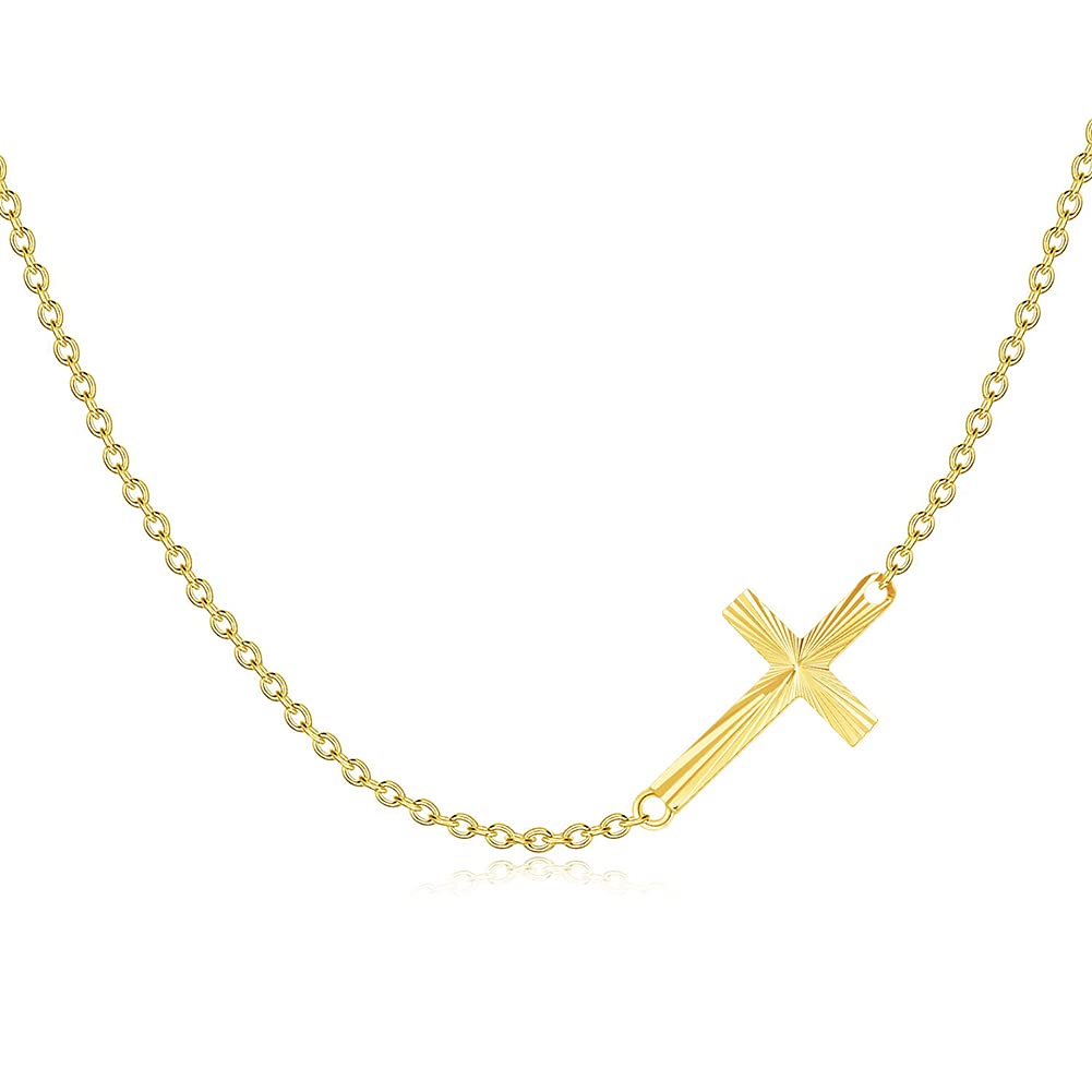 SISGEM 9 ct Gold Cross Necklace, Solid Yellow Gold Sideway Cross with Diamond Cut, for Women Girls Ladies Mum Sisters, 14"+1"+1"