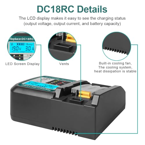 Powarobor DC18RC 18V Fast Charger Compatible with Makita 14.4V-18V Replacement Battery with LCD Display BL1830B BL1850B BL1860B