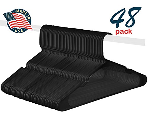 Black Plastic Hangers, Durable & Slim, Notched, Set of 48, Made In The USA (48 Notched Hangers)