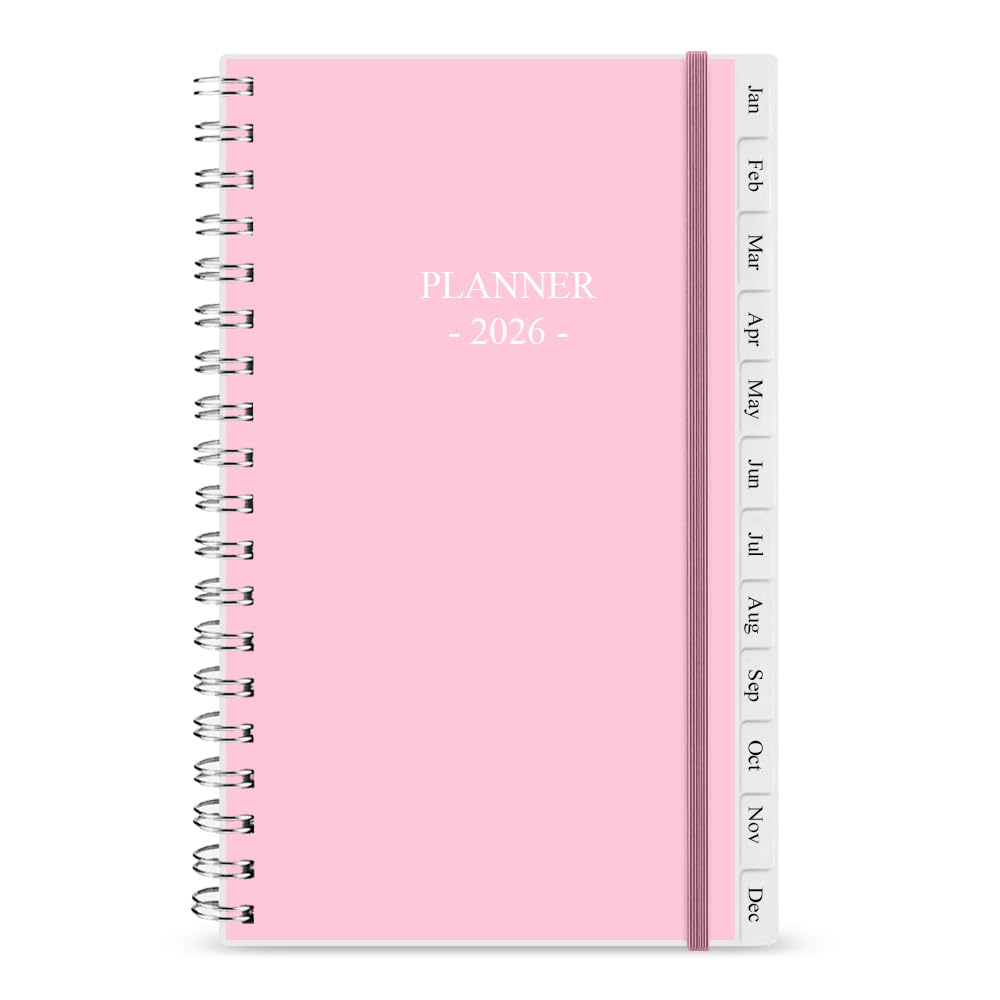 2022-2023 Diary, A6 Weekly Planner with Monthly Tabs, Elastic Closure, Flexible Cover, Twin-Wire Binding, Easy to Organize Your Daily Life, 9.5×17.1cm, Rose