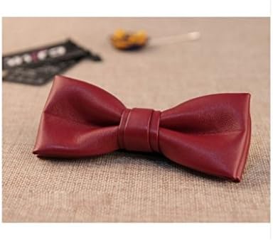 PU Leather Mens Gold Silver Men's Bow Tie Solid Color Tie for Men (Wine)