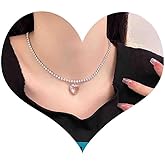 Iaceble Vintage Crystal Pink Heart Pendant Necklace Silver Rhinestone Chain Necklace Halo Heart Choker Necklace Short Tennis Choker Necklace Jewelry for Women