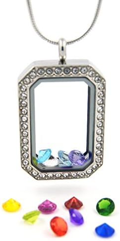 Heritage Rectangle Locket Necklace with Birthstone Floating Charms + 23.5" Chain (Silver-tone)