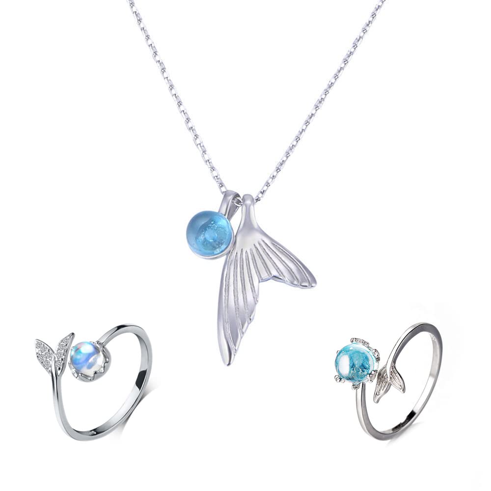 Liitata 3 Pcs Crystal Mermaid Rings Mermaid Tail Necklace Set Mermaid Tail Blue Gemstone Ring Asjuatable Open Ring for Women Girls Kids Birthday Gifts Souvenir - Silver