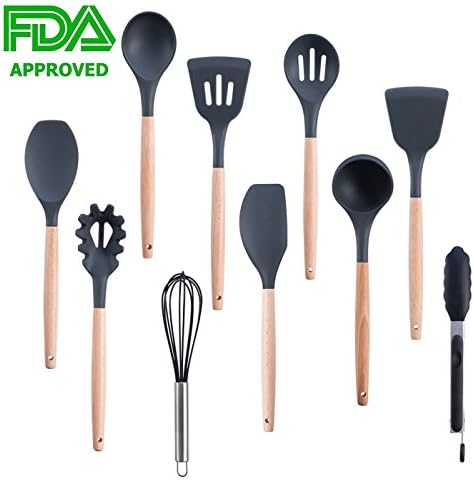 ASEL 10-Piece Premium Silicone Kitchen Cooking Utensils Set with Natural Bamboo Handles - Cooking Tool and Kitchen Gadget Set for Nonstick Cookware - Grey