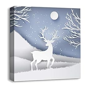 Canvas Wall Art Snow Deer Merry Christmas Painting Artwork for Home Prints Framed - 12x12 inches