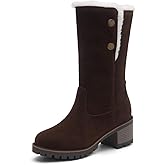 JOEUSTY Women's Winter Warm Furry Mid Calf Snow Boots Pull On Suede Round Toe Fur Lined Wide Calf Dressy Boot