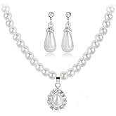 Xyphielle Pearl Jewelry Set for Women - Necklace and Earrings with Zirconia, Silver Bridal Set, Elegant Gift for Weddings and Anniversaries