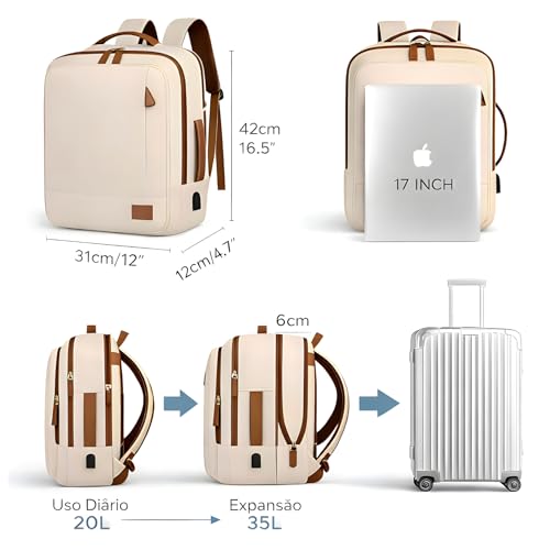 Mochila Viagem Avião Expansível Impermeável Resistente Grande Capacidade Mala de Bordo Bagagem de Mão com Saída USB Multifuncional