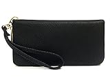 Women's Single Zip Around PVC Leather Wristlet Clutch Organizer Wallet (Black)
