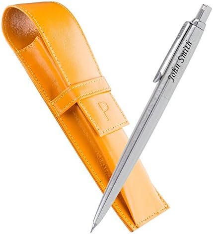 Personalised Laser Engraved Gift Idea – PARKER with Leather Case - Jotter Pencil Silver & Pagani Orange