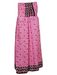 Women's Gypsy Maxi Skirts Pink Silk Smocked Waist Boho Bellydance DividedSkirt