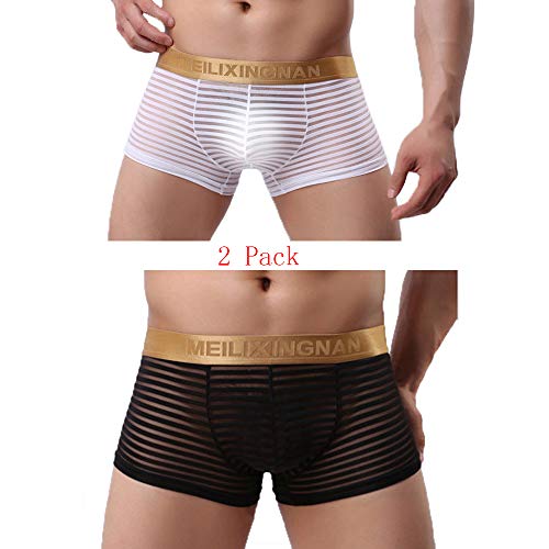 Laxier 2 Pack Men Boxer Briefs Shorts Soft Underpants See-Through Transparent Sexy Underwear Trunk for Man (US Size S - Tag Asia Size L, White-Black)