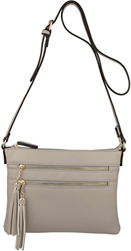 B BRENTANO Vegan Multi-Zipper Crossbody Handbag Purse with Tassel Accents (Grey)