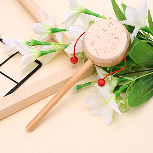 Junlinto Wood Cartoon Chinese Traditional Spinning Rattle Drum Hand Bell Baby Musical Toy - Thumbnail 6