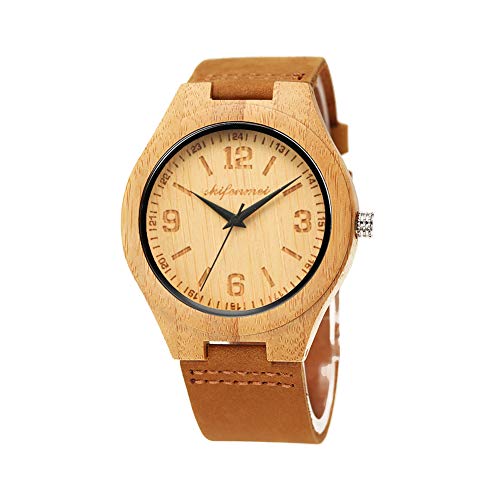 shifenmei S2140 Natural Bamboo Wooden Watches Super Lightweight Leather Casual Wood Wrist Watches Unisex with Gift Box (Natural Color)