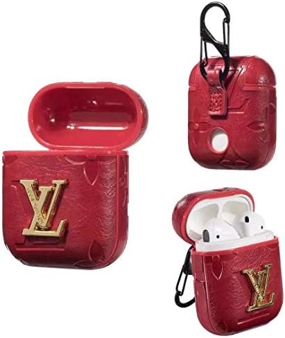 Airpods Case, Monogram Designer Designer PU Leather Full-Body Protection with Carabiner Hook Cover Case for Apple Airpods 1/2 (Red)