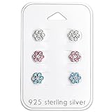 925 Sterling Silver Hypoallergenic (SET OF 3) Clear, Pink, Blue Flower Stud Earrings for Girls or Women 29116