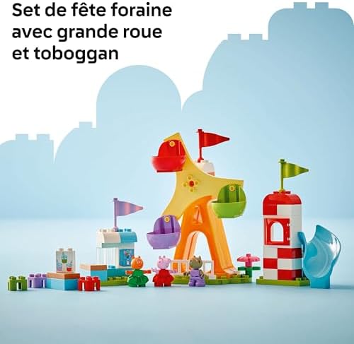 Duplo Peppa Pig La Fête Foraine - Jouet Éducatif dès 2 Ans - Motricité Fine - Grande Roue, Toboggan, Bar à Jus & 3 Figurines Dont Danny Dog - Activité Premier Âge - Cadeau Fille ou Garçon 10453