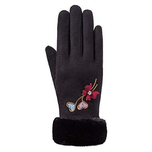 Pausseo Women Deerskin Flower Gloves,Lady Winter Warm Outdoor Sport Full Finger Solid Color Touchscreen Mittens Fleece Thicken Plush Outdoor Mittens Students Knitted Wool Casual Play Snow - Thumbnail 2