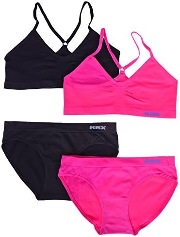RBX Big Girl's 2 Pack Seamless Bra and Panty Combo Set (Black/Pink, M)