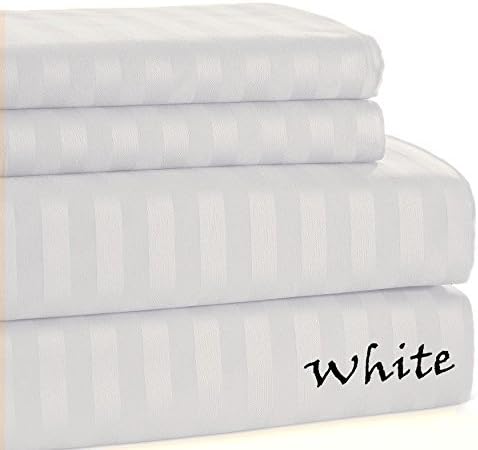 Four { 4PC } Stripes Patterned White Color 100% Egyptian Cotton Quality Brand New Sheet Set { 16" Fit Pocket } - Perfect Full XL Size - 600 Thread Count Made By NH Linen