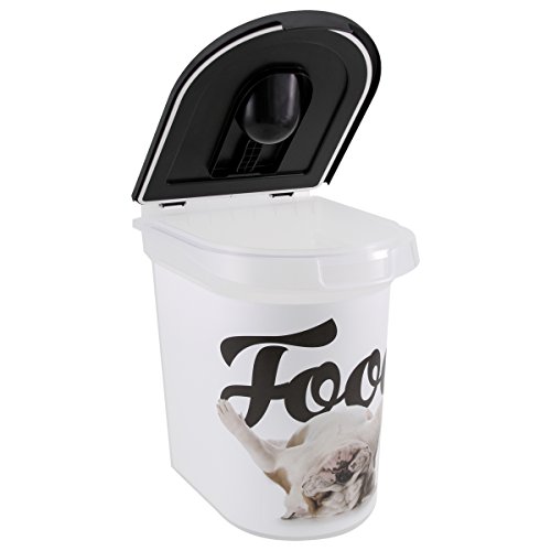 Paw Prints 26 Pound Plastic Rolling Pet Food Bin, Carlos the Bulldog Design, Includes Measured Scoop, 15.5 x 16.75 x 13.25 Inches (37579)