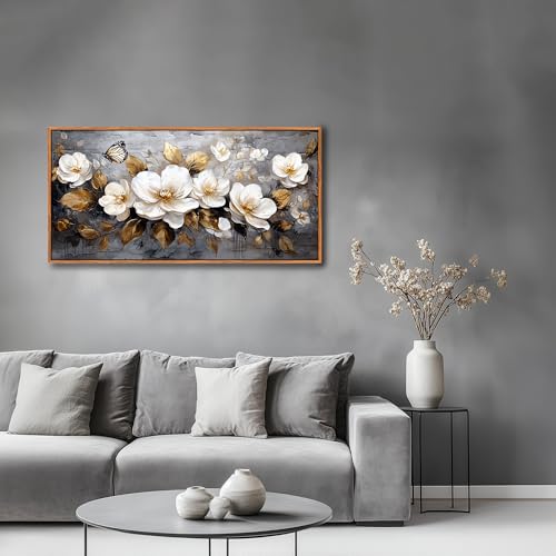 hyidecorart Modern Bedroom Decoration Pictures with Wooden Frame, 60 x 120 cm XXL Large Decorative Canvases Wall Living Room, Pictures Wall Decoration Golden Flowers, Wall Art Dining Room Bathroom Hallway
