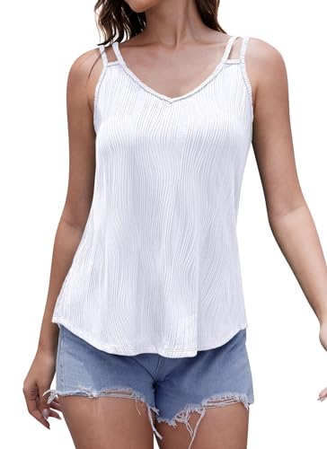 FEUHUNT WOMEN TANK TOPS SUMMER CASUAL TOPS V NECK SLEEVELESS FLOWY SHIRT LOOSE FIT SPAGHETTI STRAP TUNIC WHITE