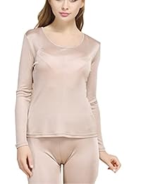 Fashion Silk - Conjunto de ropa interior térmica para mujer, de seda de morera, cuello redondo, calzoncillos largos para mujer, capa base