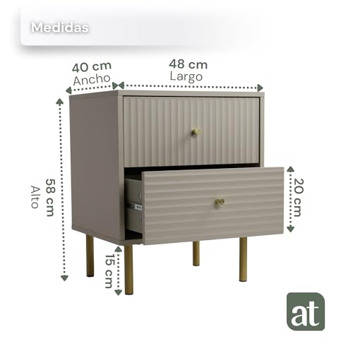 ALTALIA DECO HOME Buró para Recamara Minimalista - Buro de Madera con 2 Cajones amplios Acanalados - Buró de Noche Moderno - Buros Mesa Auxiliar Herrajes Dorados - 48x40x58 cm (Gris) (Gris)