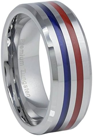 Thin Blue Line Tungsten Carbide Ring Red and Blue 8MM Flat Profile with Beveled Edges (11)