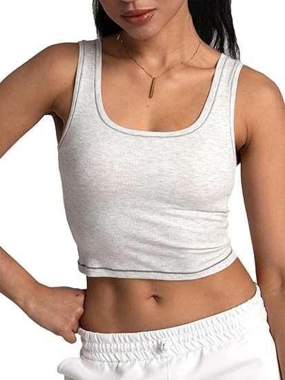 Photo 1 of Danysu Women Cotton Rib Tank Top with Built in Bra Square Neck Crop Tank Fitted Basic Tops Heather White M