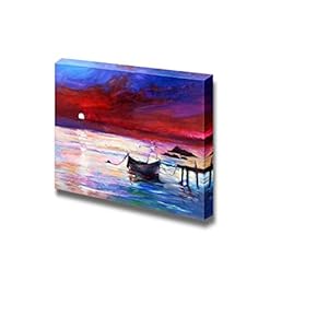 Oil Painting of Boats and Sea Purple Sunset and White Moon Over Ocean Home Deoration ing ped - Canvas Art Wall Art - 12" x 18"