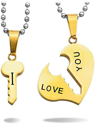 Hjvision 2 PCS Gold Stainless Steel Pendant Necklace Heart Key Couples