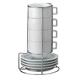 HIC 9-Piece Stackable Cappuccino Coffee Tea Set, Fine White Porcelain, Set Includes 4 (7-Ounce) Cups with Matching Saucers and Metal Stand, Gift Boxed