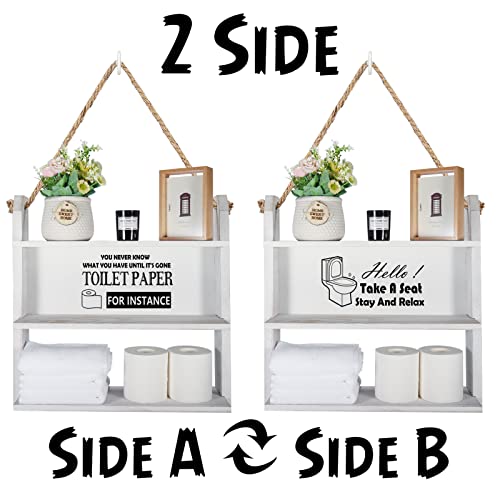 Over The Toilet Storage Shelf, Bathroom Rope Hanging Ladder Shelf 3 Tier Rustic Wall Mounted Farmhouse Wooden Shelves for Toilet Paper Holder Storage, Bottles Organizer, Restroom Decor (seat)