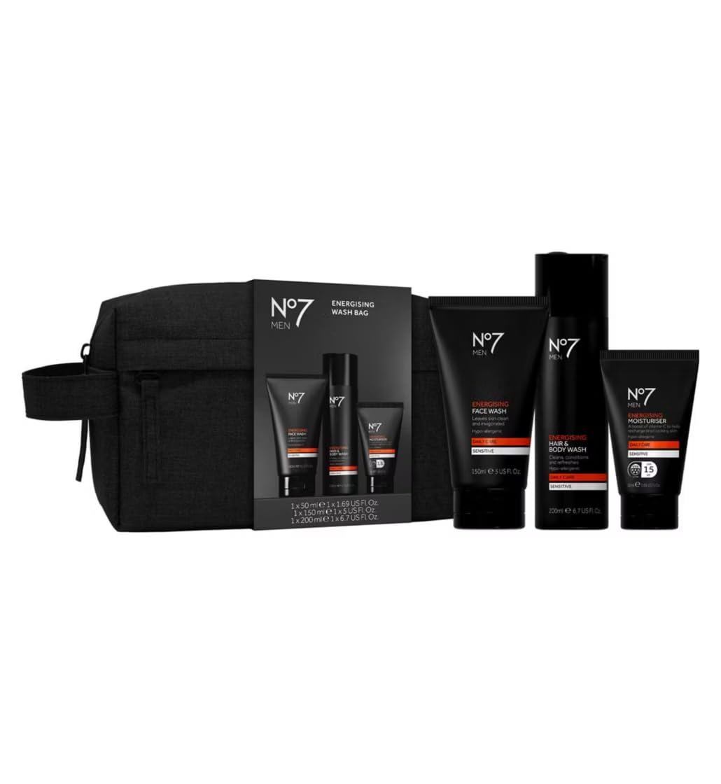 No7 Energising Wash Bag Gift Set for Men with Hair & Body Wash+Face Wash+Face Scrub+Wash Bag