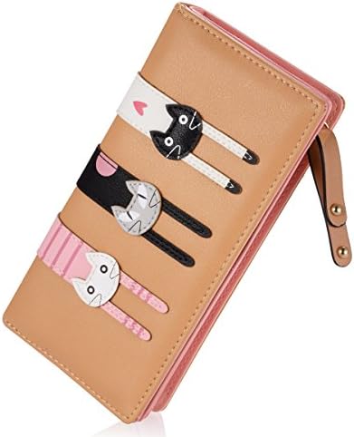 Women's Wallet Leather Long Clutch Cute Cat Bifold Purse with Zipper (khaki)