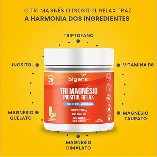 Bigens Tri Magnésio (Dimalato, Quelato, Taurato) Inositol Relax, Triptofano, B6, Sabor Maracujá, Kit 2x 180g