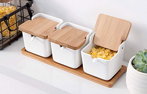 VanEnjoy White Ceramic Sugar Spice Containers Porcelain Jar Set with Flip Bamboo Lids, Tray and Spoons,Square Condiment Serving Tea,Coffee,Spice,Salt Set of 3