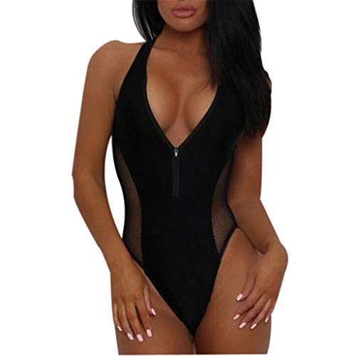 Sunhusing Womens Solid Color Sexy Deep V-Neck Mesh Stitching One-Piece Swimsuit Zipper Closure Beachwear Black - Thumbnail 6
