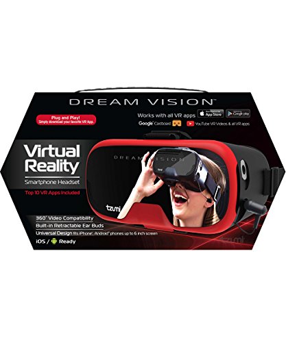 Tzumi Dream Vision Virtual Reality Smartphone Headset, Retracteable Built-in Ear Buds,fits all phones up to 6 inch, 360 Video Capability, Lightweight with high durability, Works with all VR apps. Red