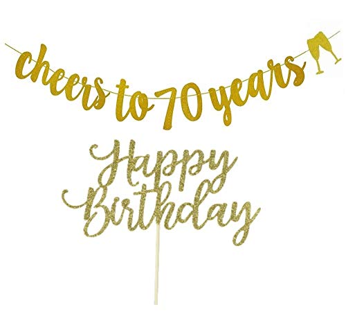 70th Birthday Party Supplies,70th Birthday Banner, 70th Birthday Decorations Gold Glitter, Cheers to 70 Years, with Happy Birthday Cake Topper
