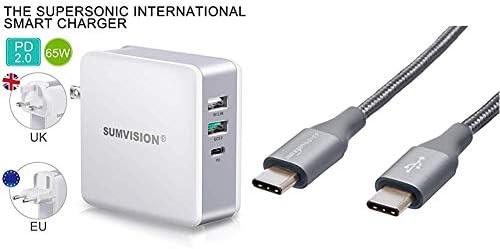 Sumvision 65W PD USB Type C Power Delivery Multi Port Wall Charger for Apple Macbook Pro 13”, Laptops & AmazonBasics Double Braided Nylon USB Type-C to Type-C 2.0 Cable | 0.3 m, Dark Grey