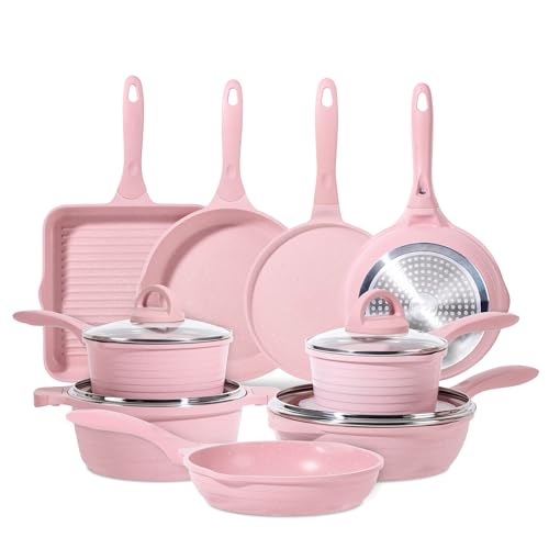 JEETEE Pan Set 23 Pieces Non-Stick Cookware Set for Induction and All Hobs with Glass Lids, Frying Pans, Sauté Pan, Crepe Pan and Grill Pan