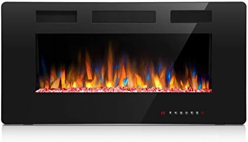Joy Pebble Electric Fireplace - 36 Inch Wide - in Wall Recessed or Surface Mounted – 12 Realistic Flame Setting – 1500/750 Watt Heater with Touch Screen and Remote Control – Black