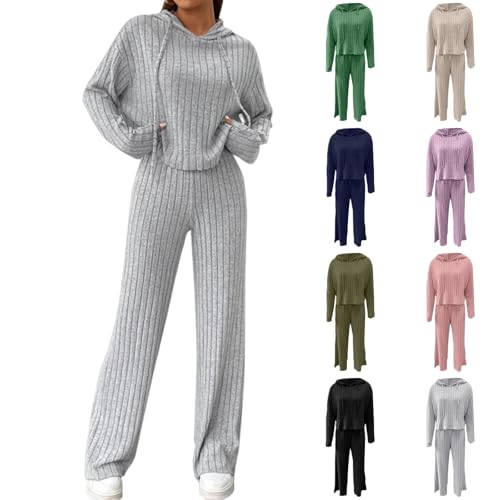 Lounge Wear Sets for Women UK 2 Piece Knitted Tracksuit Sets Oversized Long Sleeve Hooded Tops and Wide Leg Bottoms Solid Colour Casual Comfy Homewear