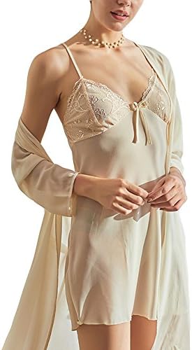 AIKOSHA Women's Women's Gauze Trim Strappy Night Dress and Dressing Gown 2 Piece Nightie Set